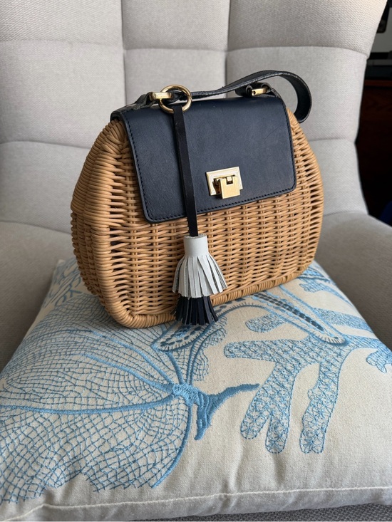 None Handbags - Woven Rattan Crossbody Bag with Blue Leather like Flap